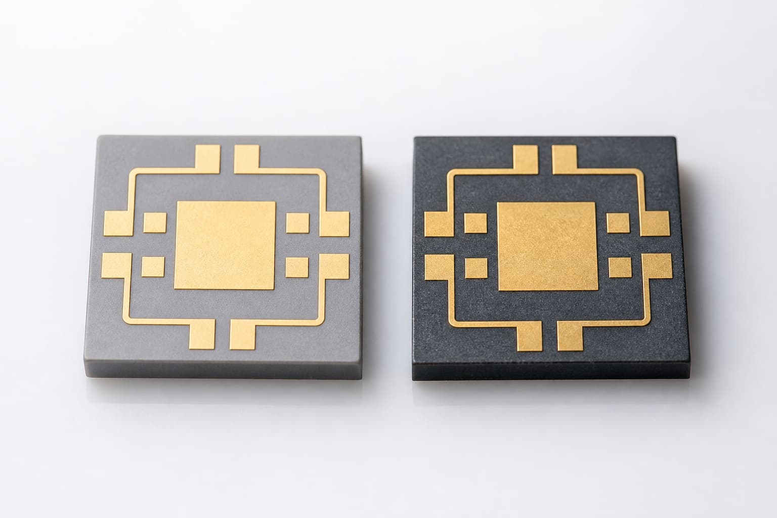 Polycrystalline ALN and single-crystal SiC laser submount tiles with gold bonding pads for thermal comparison.