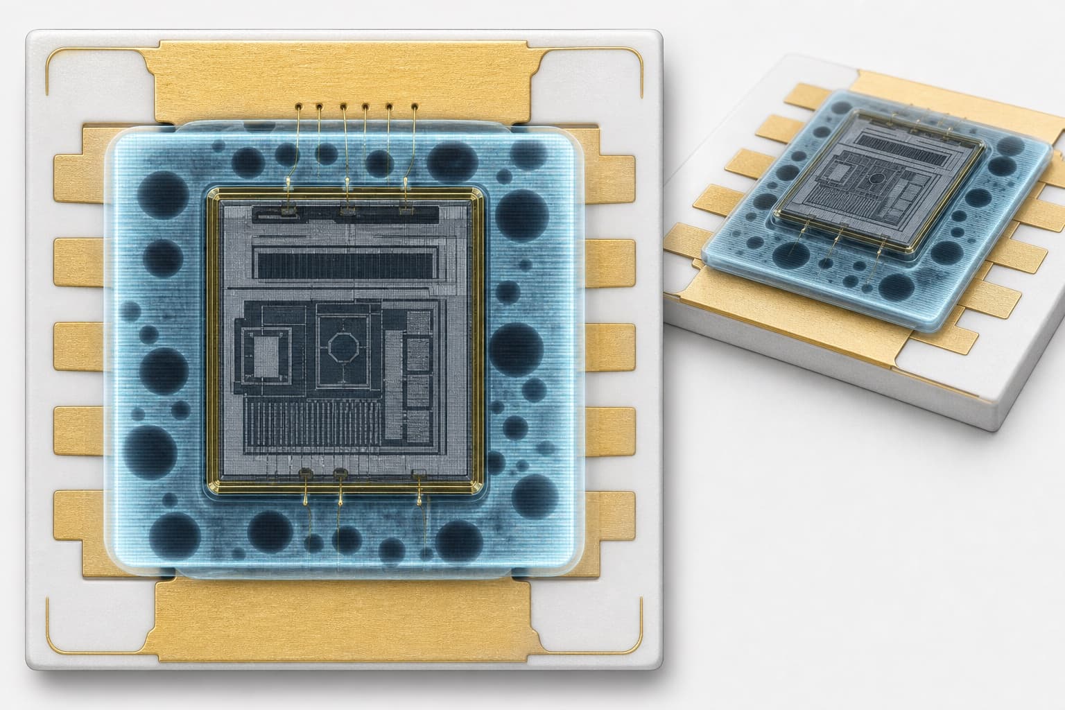 X-ray style view of a laser die on a ceramic submount showing solder voids in the AuSn die-attach layer beneath the chip.