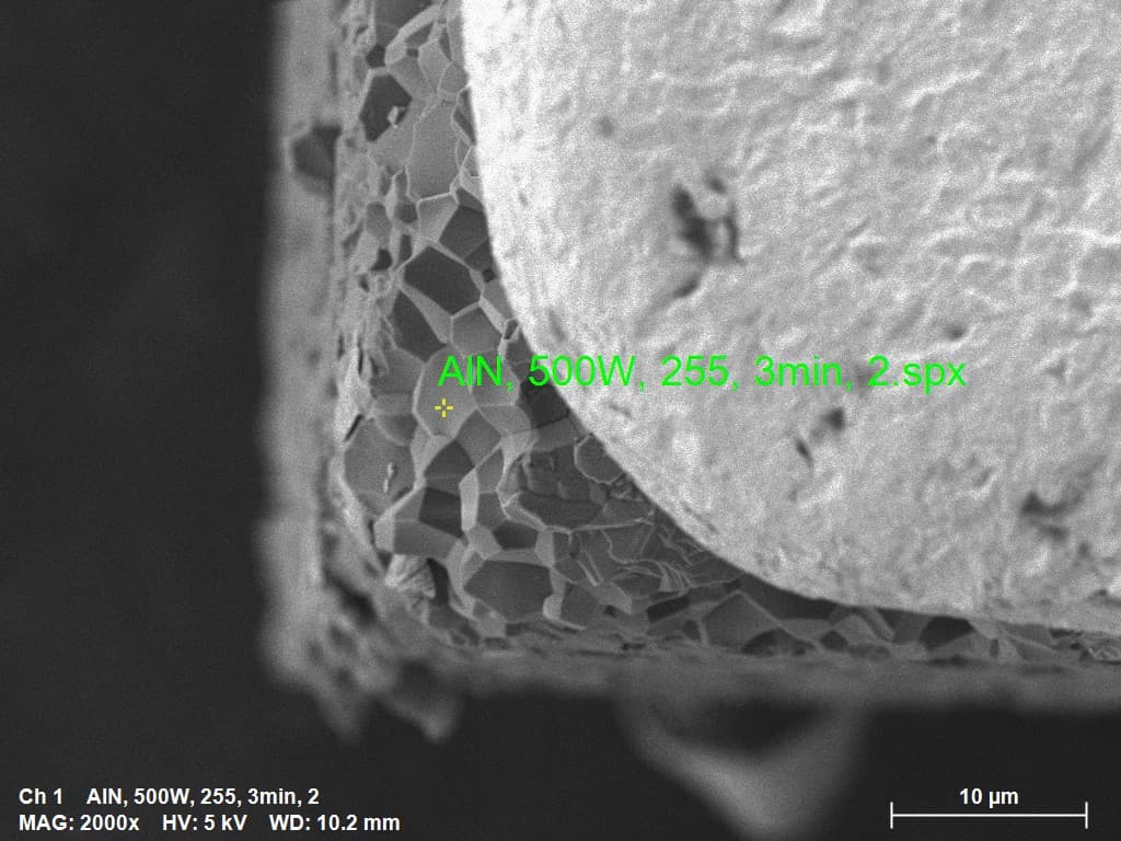 SEM micrograph of polycrystalline ALN submount showing grain boundaries at 2000× magnification